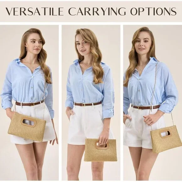 Tan Straw Clutch Purse for Women with Top Handle Summer Boho Beach Bag - Picture 4 of 6